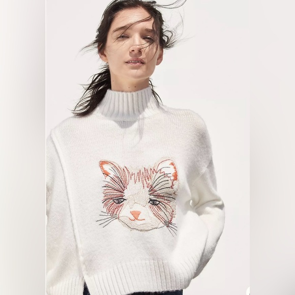Anthropologie Moth Miaou Embroidered Cat Mockneck Sweater - Picture 3 of 10